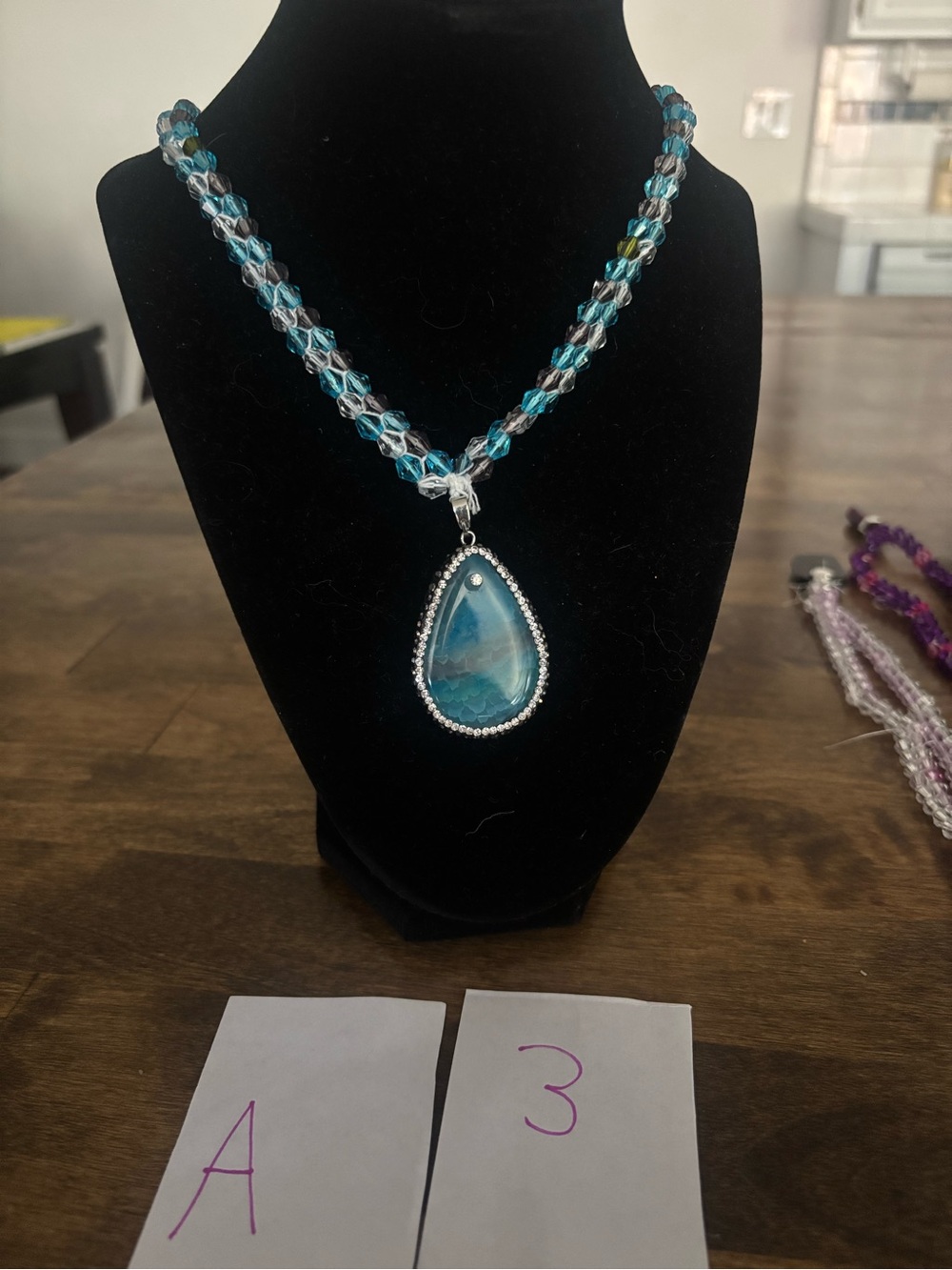 Blue Teardrop Pendant Necklace with Beaded Chain